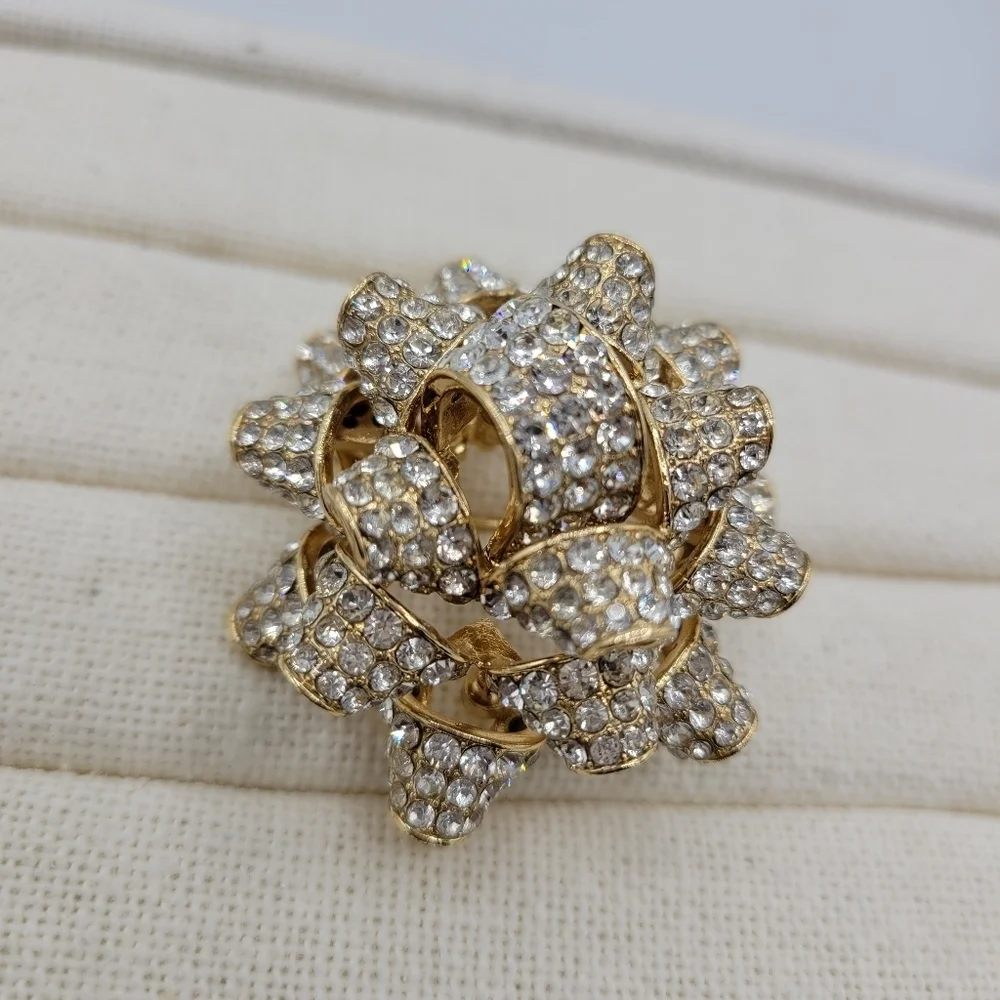 Contemporary Christmas Brooch • Goldtone & Rhinestone Formed in a Bow